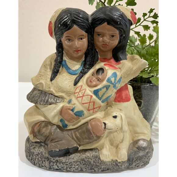 Vtg Native American Indian Woman Man Papoose Dog Ceramic Figurine Statue ￼ - Picture 1 of 9